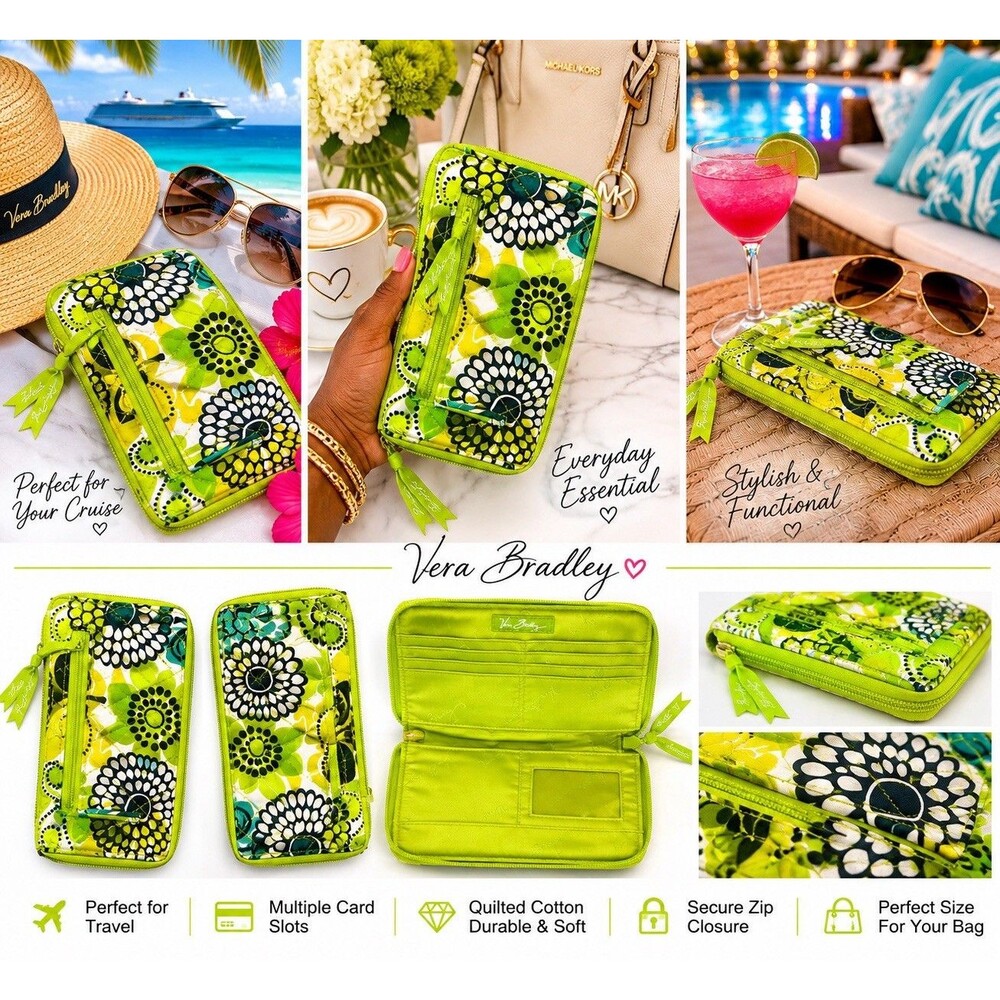 Vera Bradley Retired Print Lime's Up Chartreuse Floral Print Zippy Long Wallet